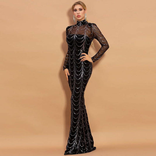 Sequins Women Maxi Dresses Long Sleeve Female Party Dresses.