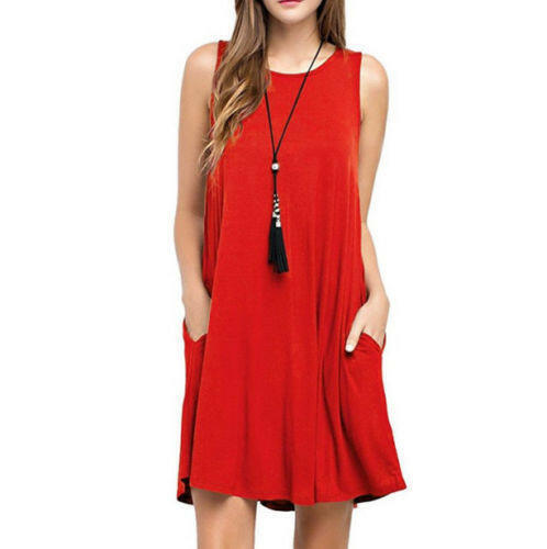 Summer Women Casual Pocket Dress Ladies T Shirt Dresses.