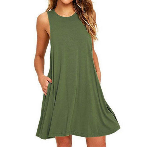 Summer Women Casual Pocket Dress Ladies T Shirt Dresses.