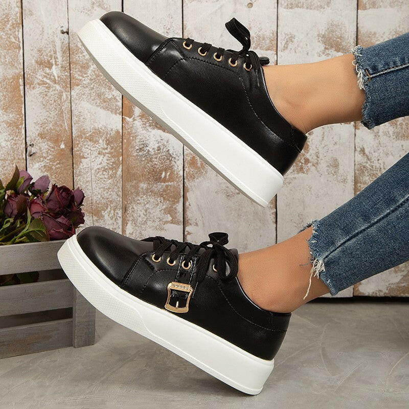 Lace-up Flats Shoes With Metal Buckle Design Lightweight Round Toe Platform Loafers Casual Shoes For Women.