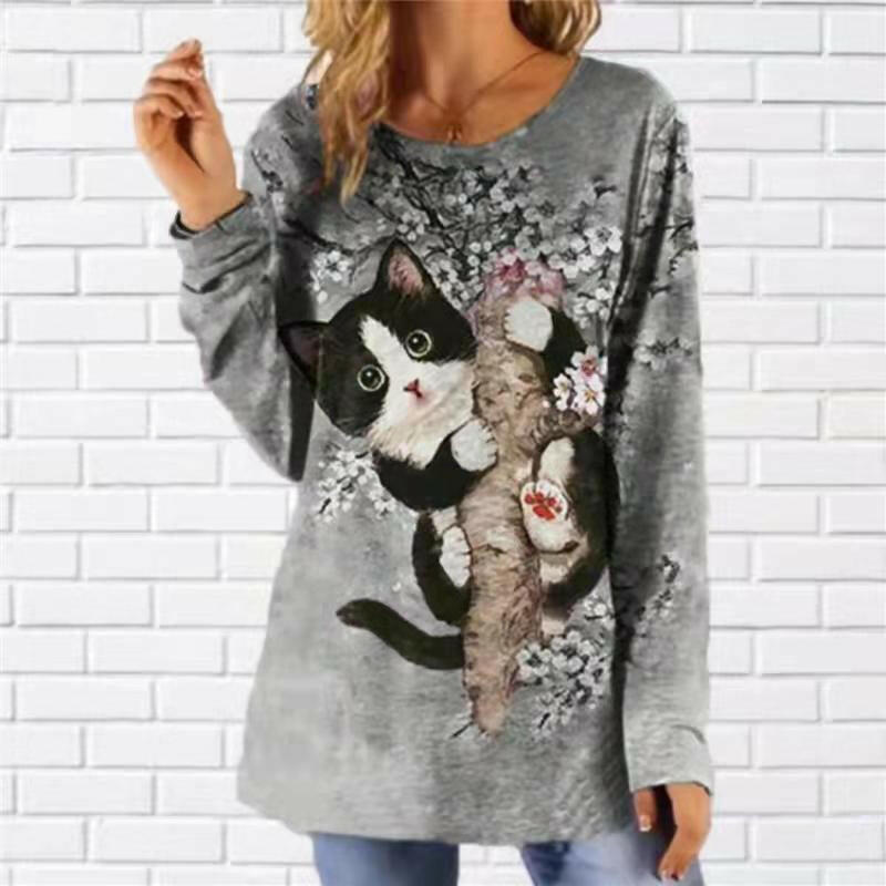 Cat Print Round Neck Long Sleeve Casual T-shirt.