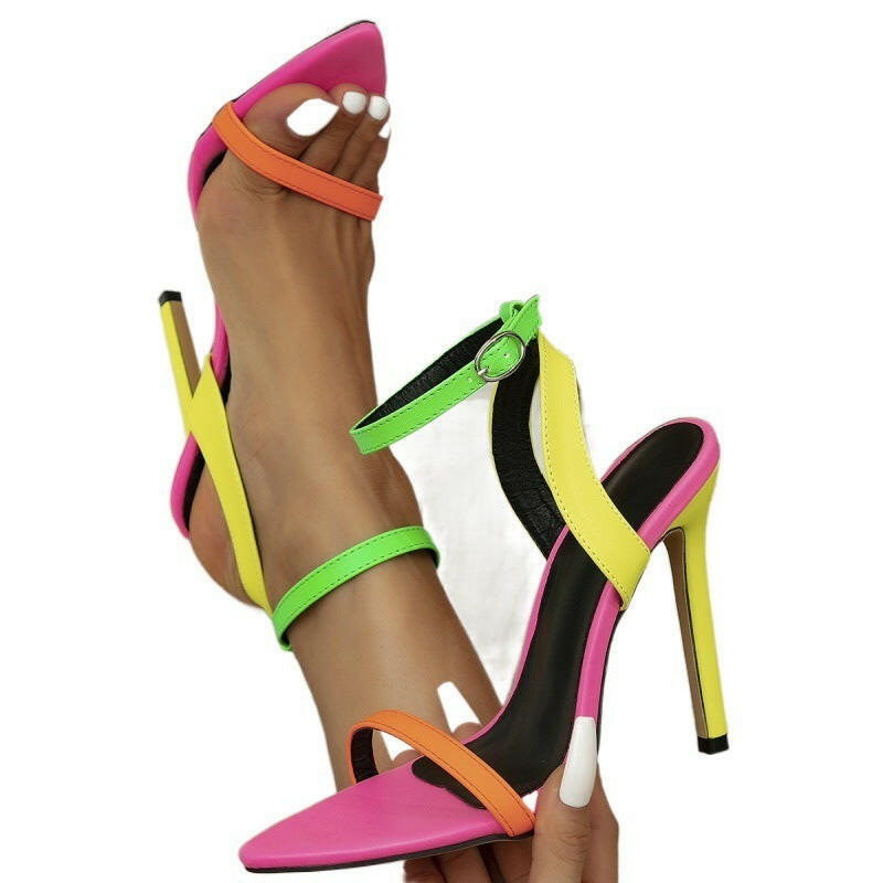 Ultra-high Heel Color Block Pointed Peep Toe Sandals.