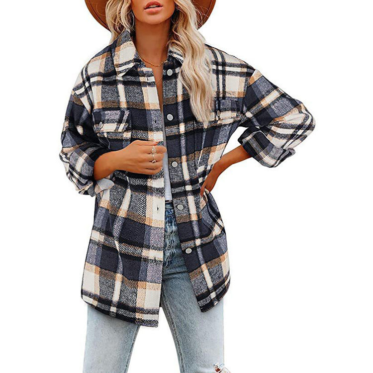 Women's Long Sleeve Lapel Loose Plaid Thickened Wool Jacket.