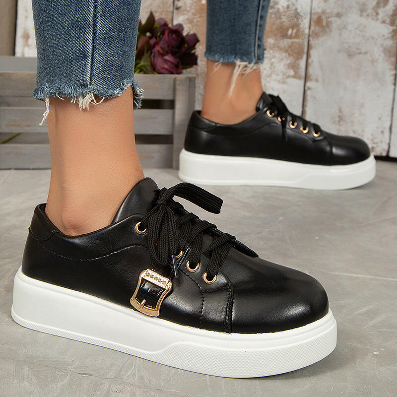 Lace-up Flats Shoes With Metal Buckle Design Lightweight Round Toe Platform Loafers Casual Shoes For Women.