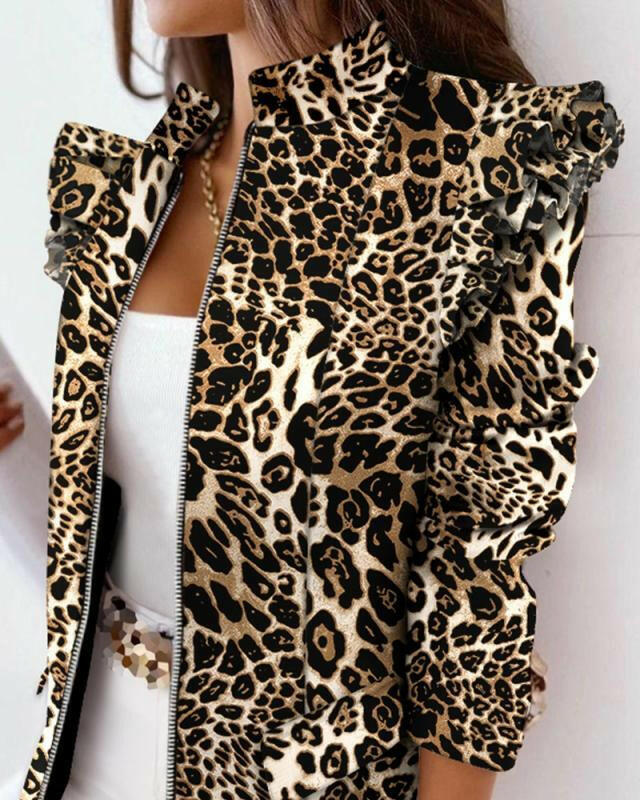 Check Leopard Print Zip Ruffle Shoulder Jacket.