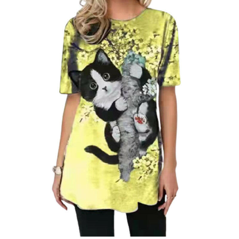 Cat Print Round Neck Long Sleeve Casual T-shirt.