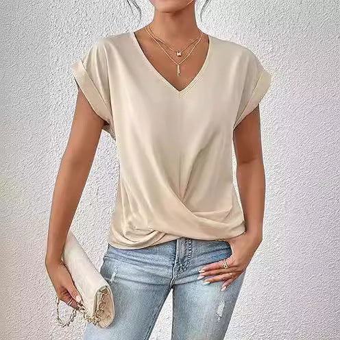 Fashion Short-sleeve T-shirt Summer Casual Irregular Knot Top For Women.