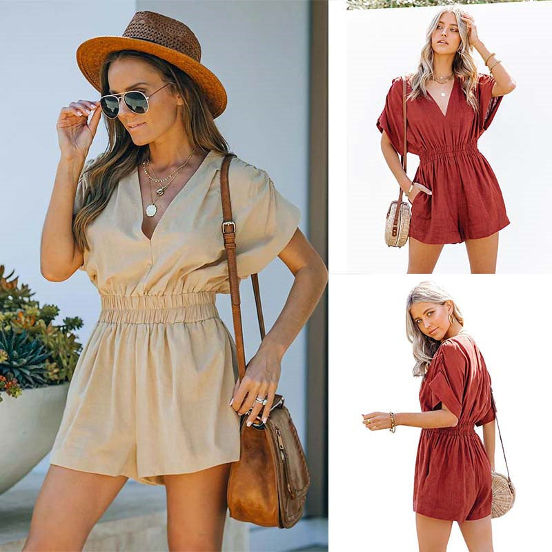 Short Sleeve Solid Color V-neck Jumpsuit.