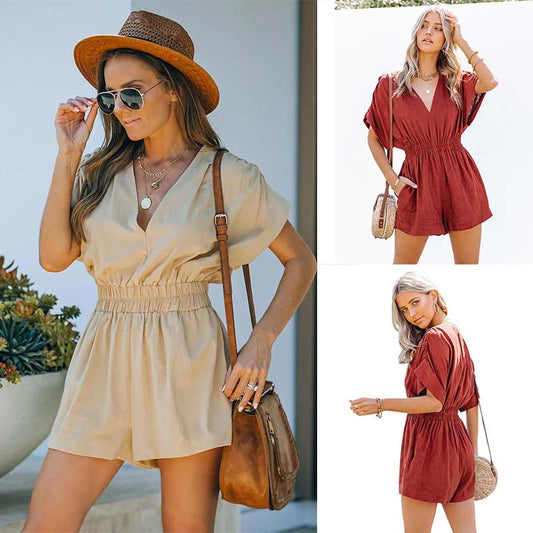 Short Sleeve Solid Color V-neck Jumpsuit.