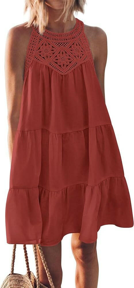 Hollow out backless dress, casual sleeveless.