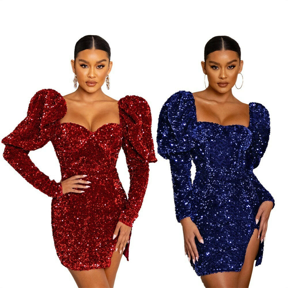 Sequin Backless Padded Shoulder Bubble Sleeve Party Dresses For Women.