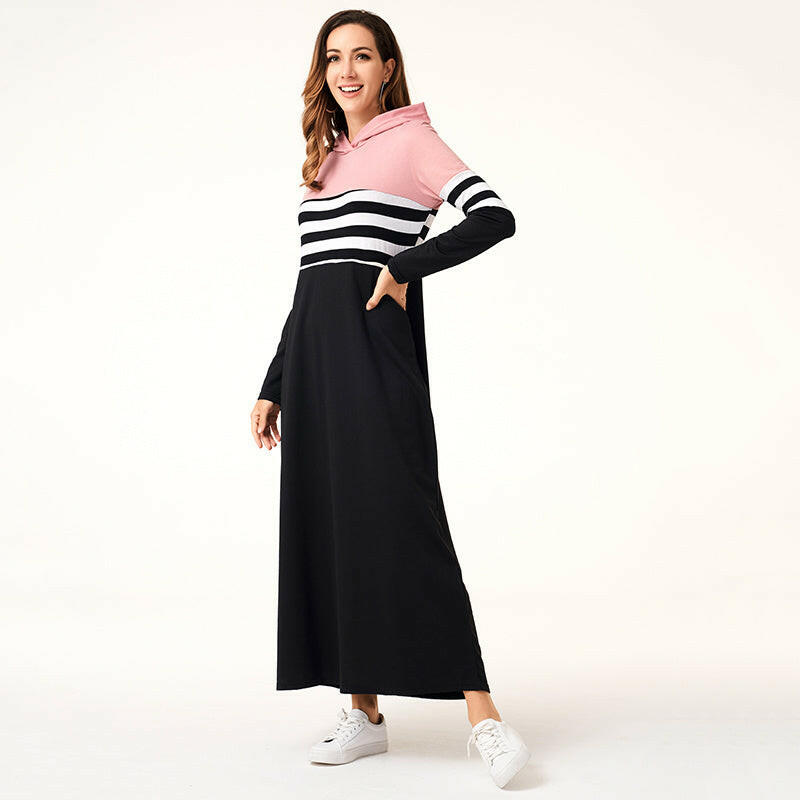 Women Hoodie Dresses Long Sleeve Striped Patchwork Casual.