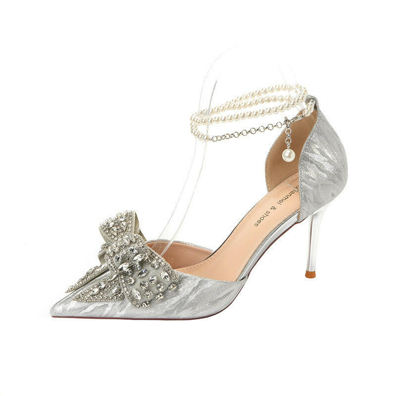 Rhinestone Bow Pointy Hollow Pearl Heels.