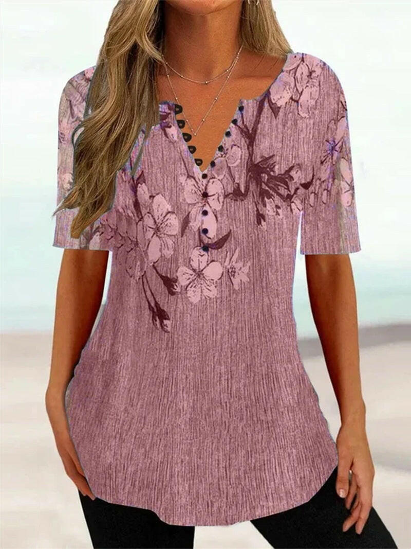 Summer Loose V-neck Short Sleeve Pleated Button Shirt For Women.