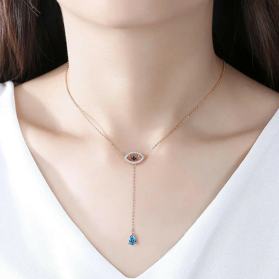 Eye Necklace Blue Zircon Long Chain