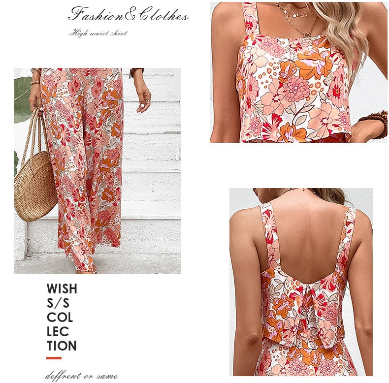 Printed Square Collar Camisole Jumpsuit.