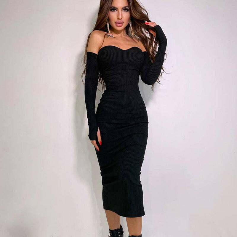 Women's Hip Knitwear Off-shoulder Long Sleeve Dress.