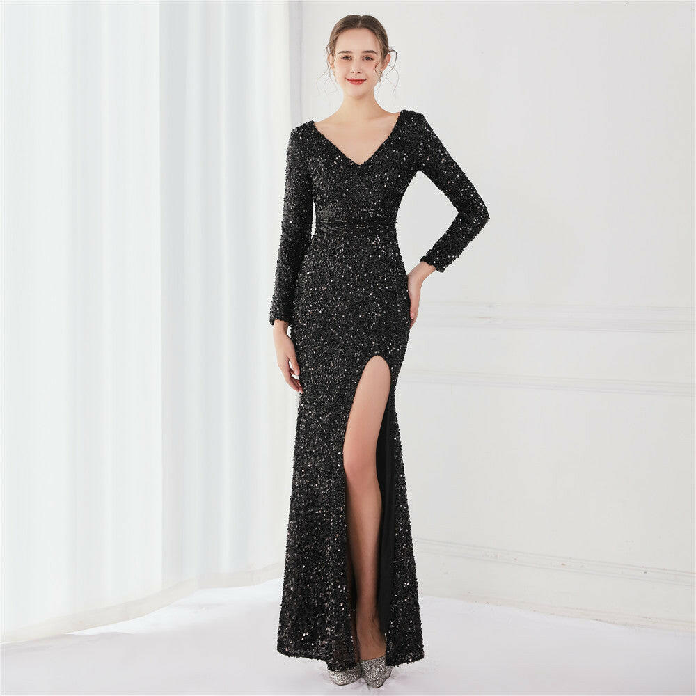 Long Sleeve Sequined Gas Field Queen Fishtail Evening Dress.