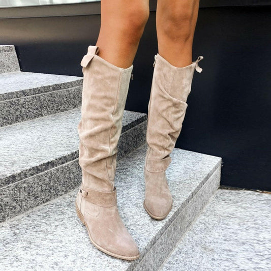 Autumn And Winter Low Heel Side Zipper Suede Women's High Boots.