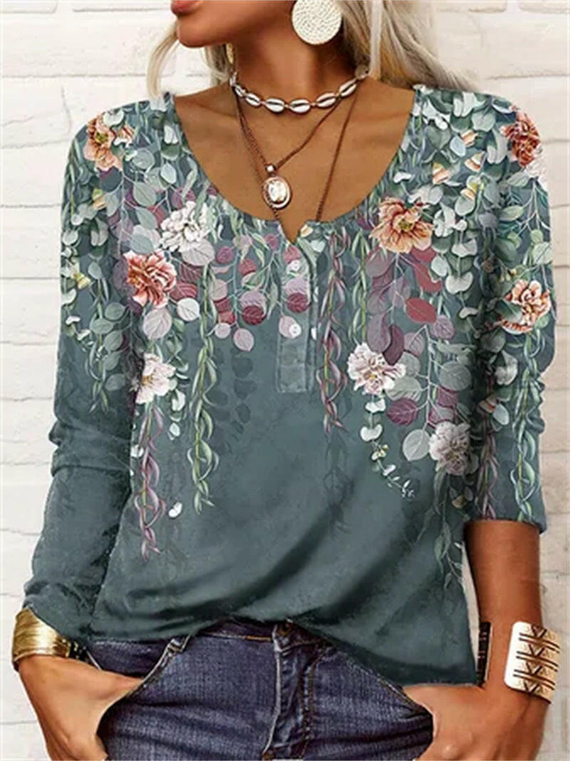 Long Sleeved Geometric Flower Mang U-neck Button Up T-shirt For Women.