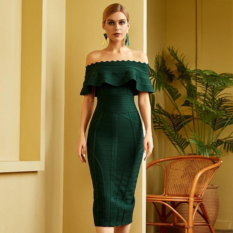 Women Green Off Shoulder Bandage Dress Party Dresses.