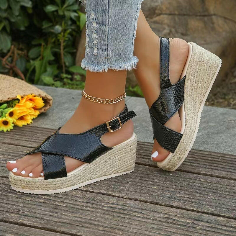 Hemp Rope Shoes Wedge Platform Snake Pattern Fish Mouth Sandals.