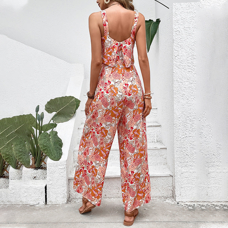 Printed Square Collar Camisole Jumpsuit.