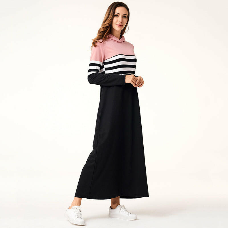 Women Hoodie Dresses Long Sleeve Striped Patchwork Casual.