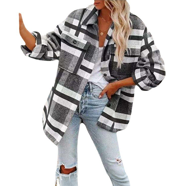 Women's Long Sleeve Lapel Loose Plaid Thickened Wool Jacket.