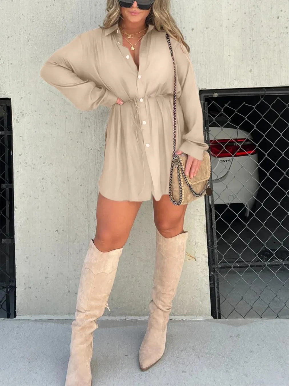 Women's Long Sleeve Jumpsuit With Button Fashion Shirt Dress.