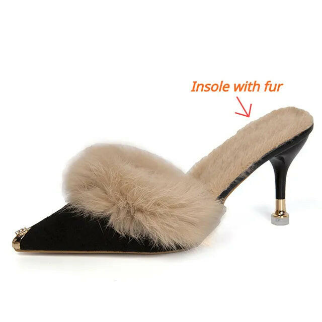 Women High Heel Shoes  Fur Slippers Mules Pointed.