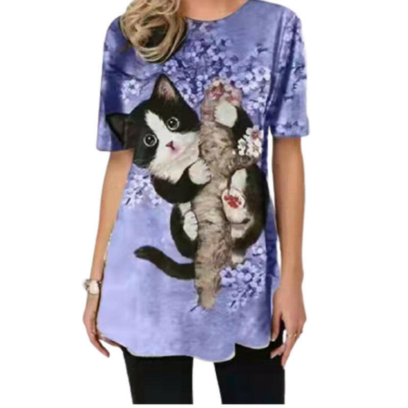 Cat Print Round Neck Long Sleeve Casual T-shirt.