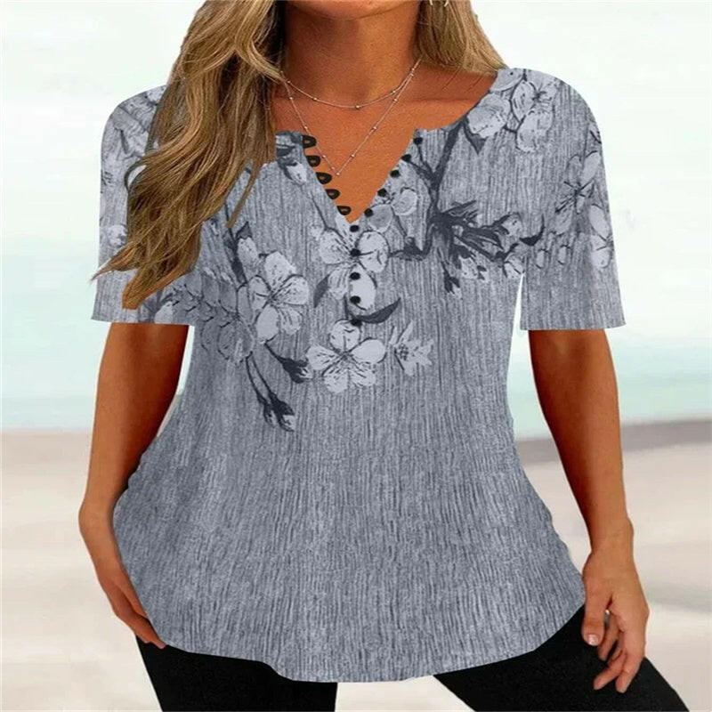 Summer Loose V-neck Short Sleeve Pleated Button Shirt For Women.