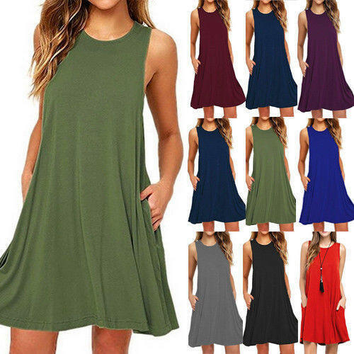 Summer Women Casual Pocket Dress Ladies T Shirt Dresses.