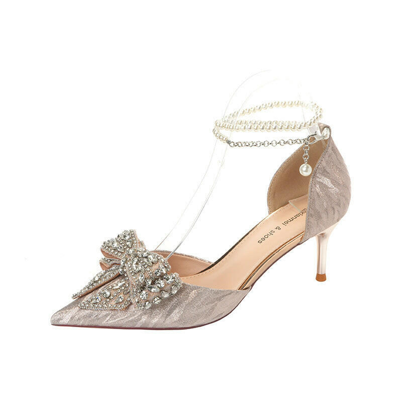 Rhinestone Bow Pointy Hollow Pearl Heels.