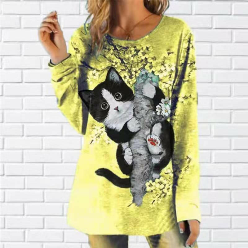 Cat Print Round Neck Long Sleeve Casual T-shirt.