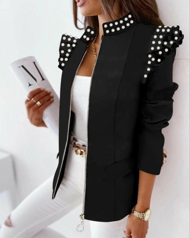 Check Leopard Print Zip Ruffle Shoulder Jacket.