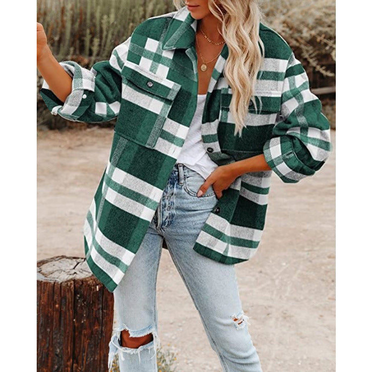 Women's Long Sleeve Lapel Loose Plaid Thickened Wool Jacket.