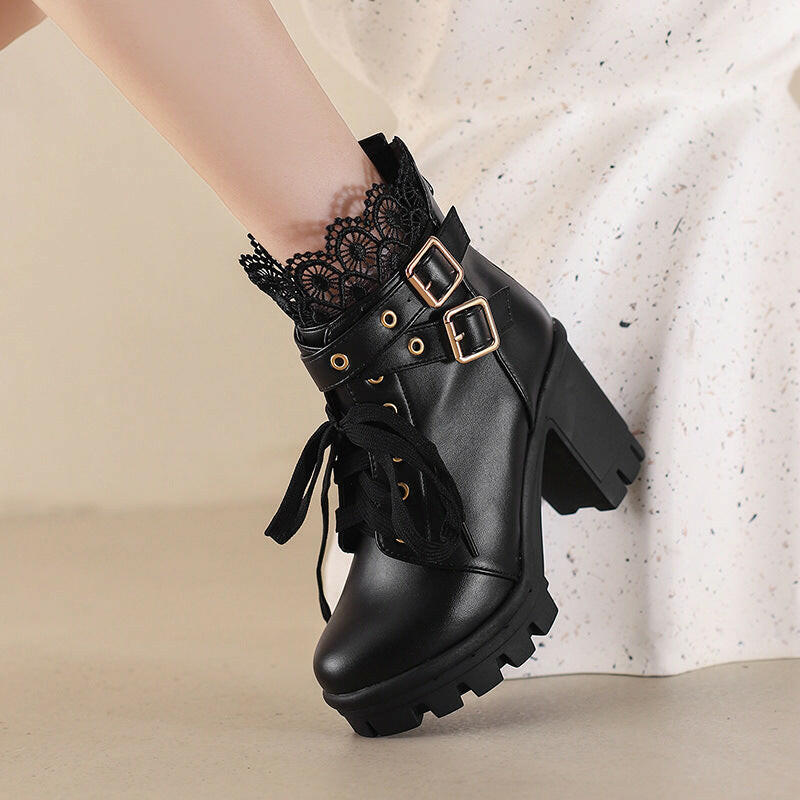 Women's Platform Retro Lace Up Belt Buckle Boots.