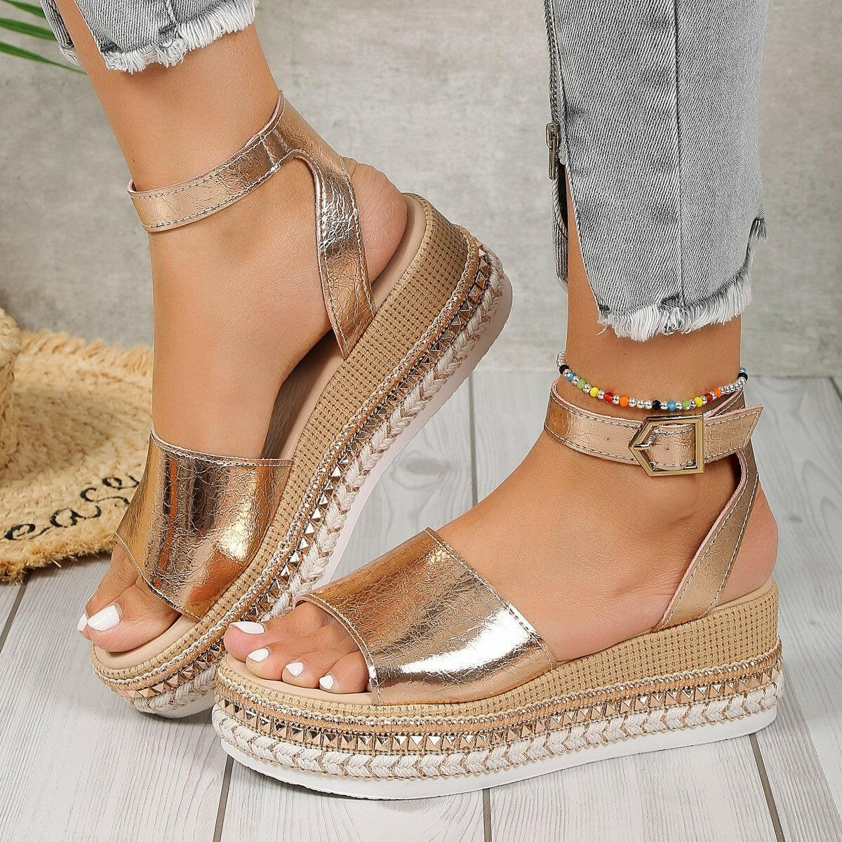 Female Oversized Hollowed Out Fishmouth Wedge Sandals.