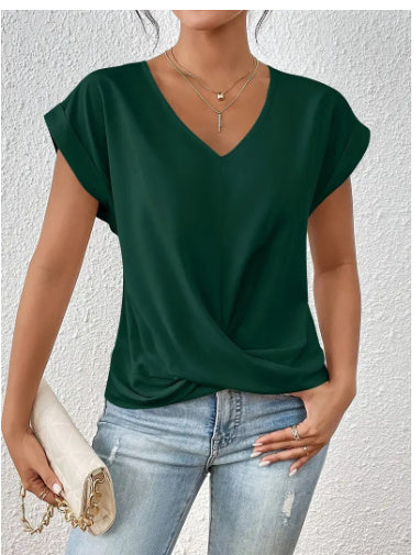 Fashion Short-sleeve T-shirt Summer Casual Irregular Knot Top For Women.