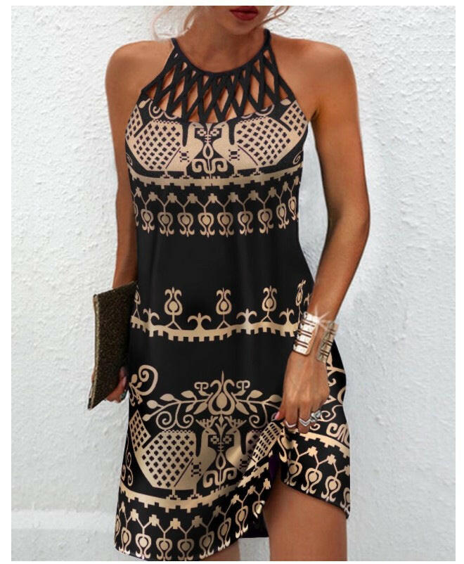 Fashion Print Dress Casual Halterneck Dresses For Women Summer Clothes.