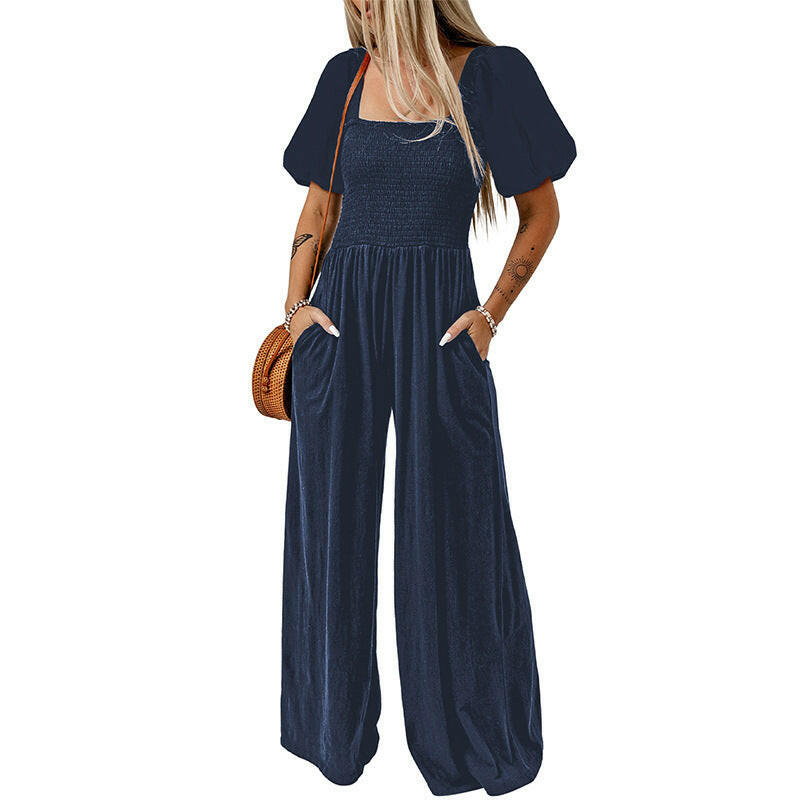 Women's Square Collar Short Sleeve Jumpsuit.