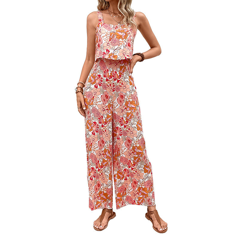 Printed Square Collar Camisole Jumpsuit.