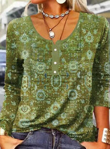 Long Sleeved Geometric Flower Mang U-neck Button Up T-shirt For Women.