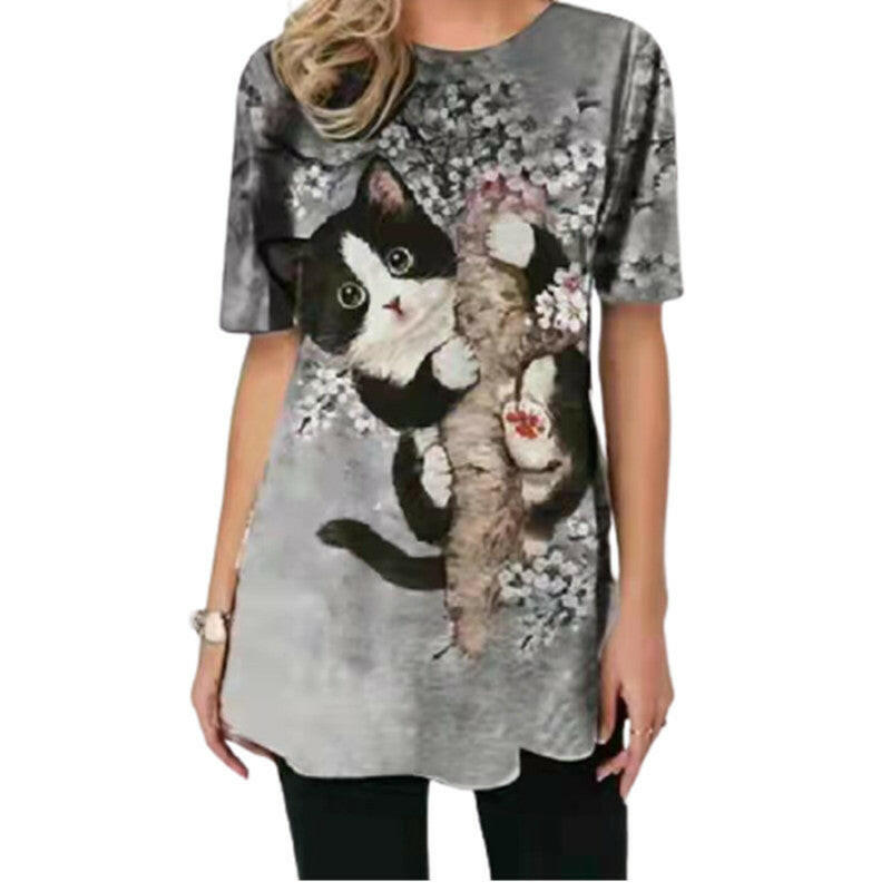 Cat Print Round Neck Long Sleeve Casual T-shirt.