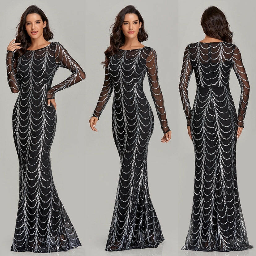 Sequins Women Maxi Dresses Long Sleeve Female Party Dresses.