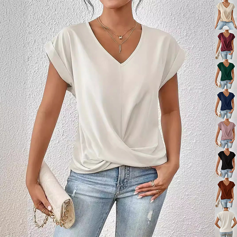 Fashion Short-sleeve T-shirt Summer Casual Irregular Knot Top For Women.