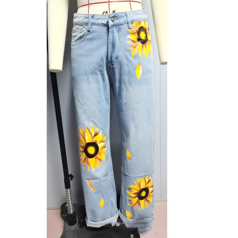 Women's Sunflower Printed Washed Jeans.