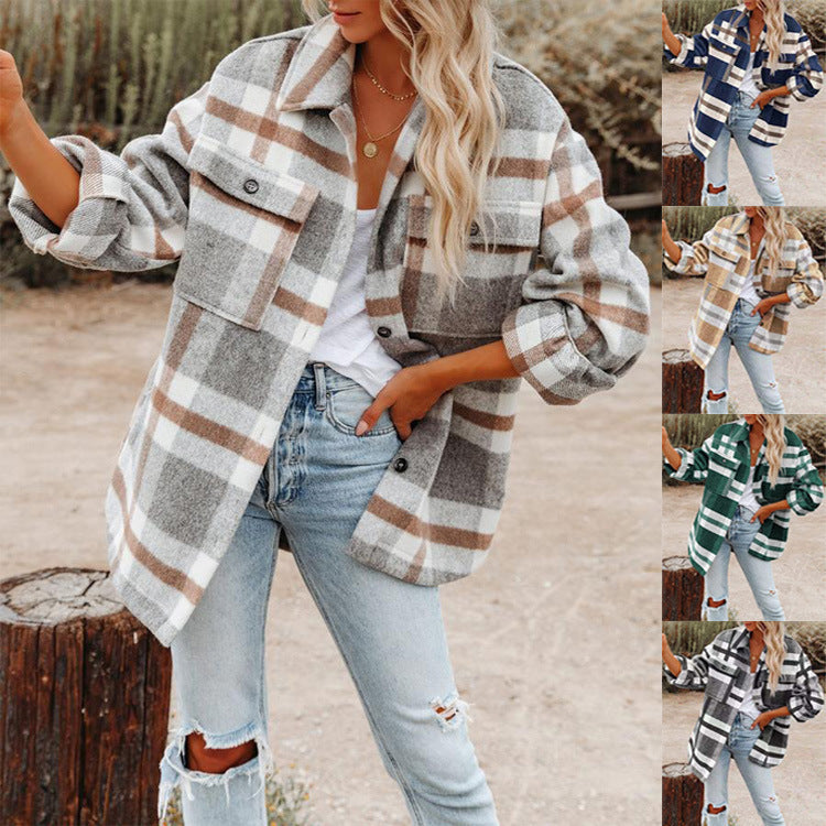 Women's Long Sleeve Lapel Loose Plaid Thickened Wool Jacket.